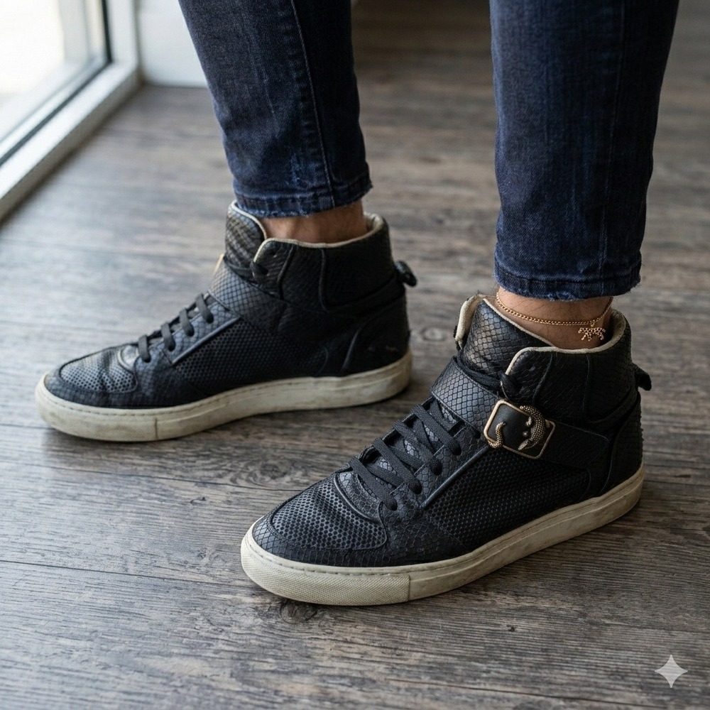 Roberto Cavalli Mens Sneakers‎ 43 Black Snakeskin Embossed Crocodile Buckle